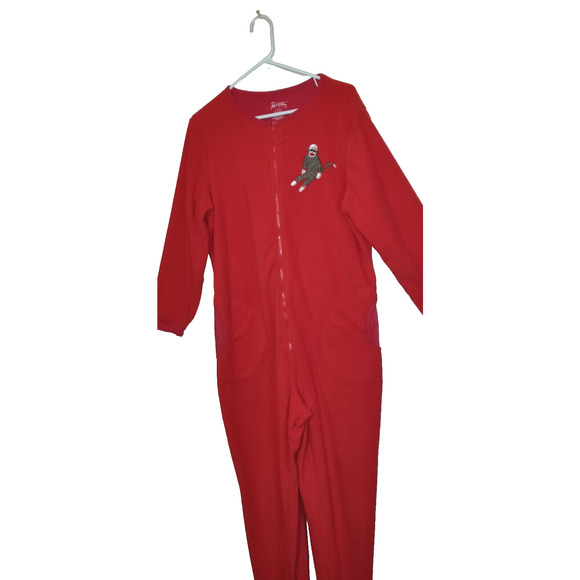 Nick & Nora Footie Fleece Red Pajamas Size Large SOCK MONKEY Zip Up Footed PJs - Picture 7 of 16